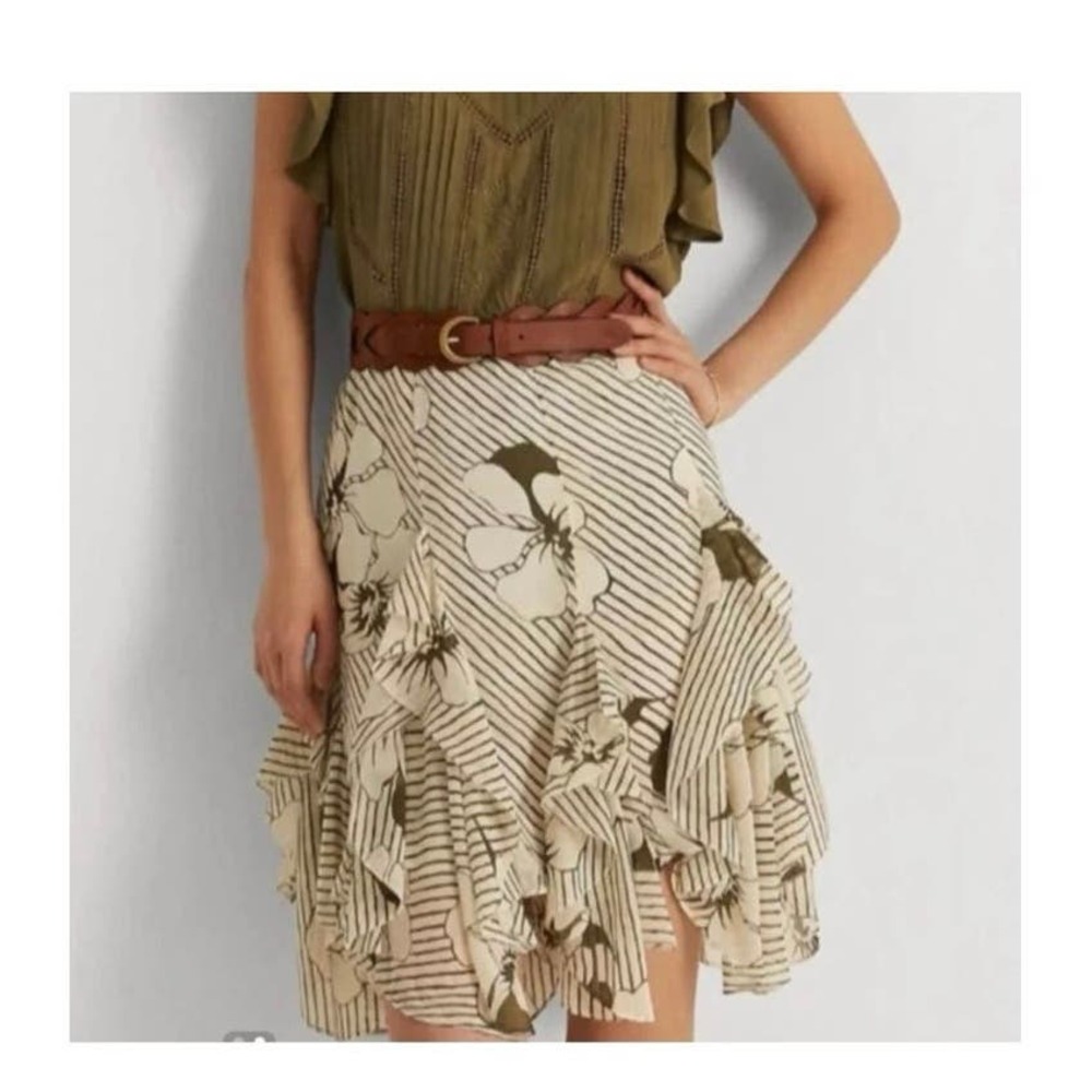 Lauren Ralph Lauren Beige Floral Asymmetrical Ruffle Skirt